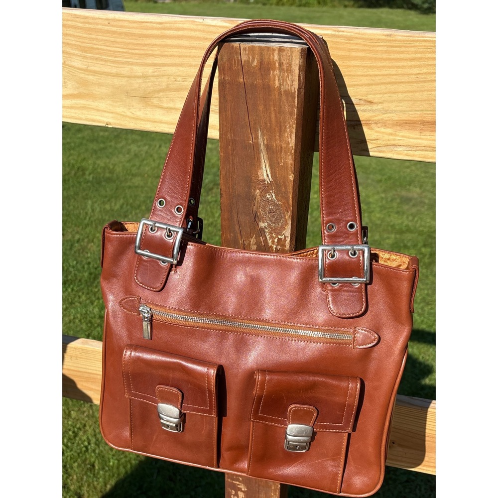Pops Leather Cognac Brown Tote Bag Made in Turkey Silver Buckle Shoulder Bag